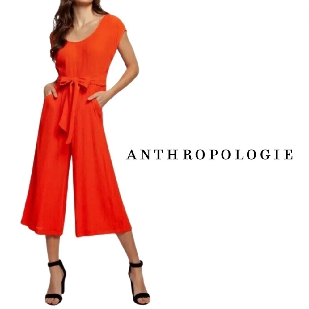 Anthropologie Abbey Bright Vibrant Orange Textured Wide Leg Belted Jumpsuit -10